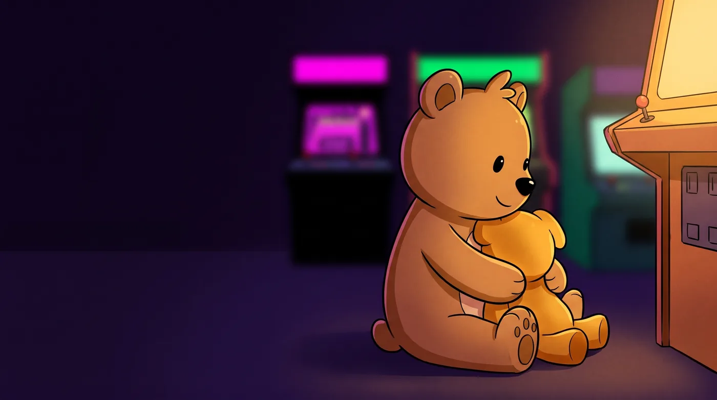 Tori sitting on the arcade floor, hugging a golden plush toy.