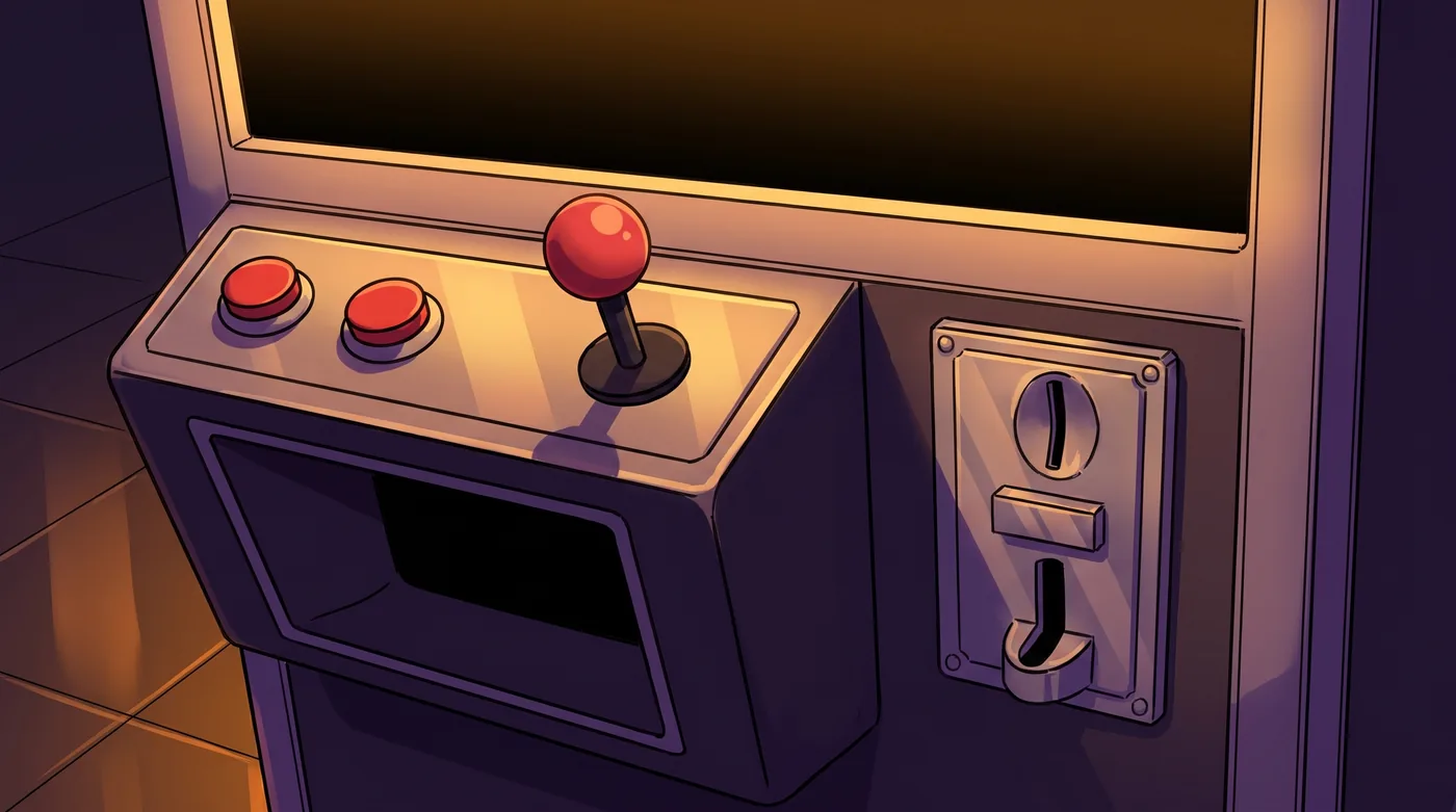 The control panel of an arcade cabinet: a joystick, two buttons, a coin slot and a prize chute.
